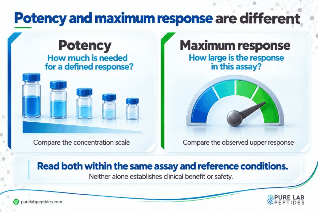 Potency concerns the concentration needed for a response; efficacy concerns the response a system can produce.